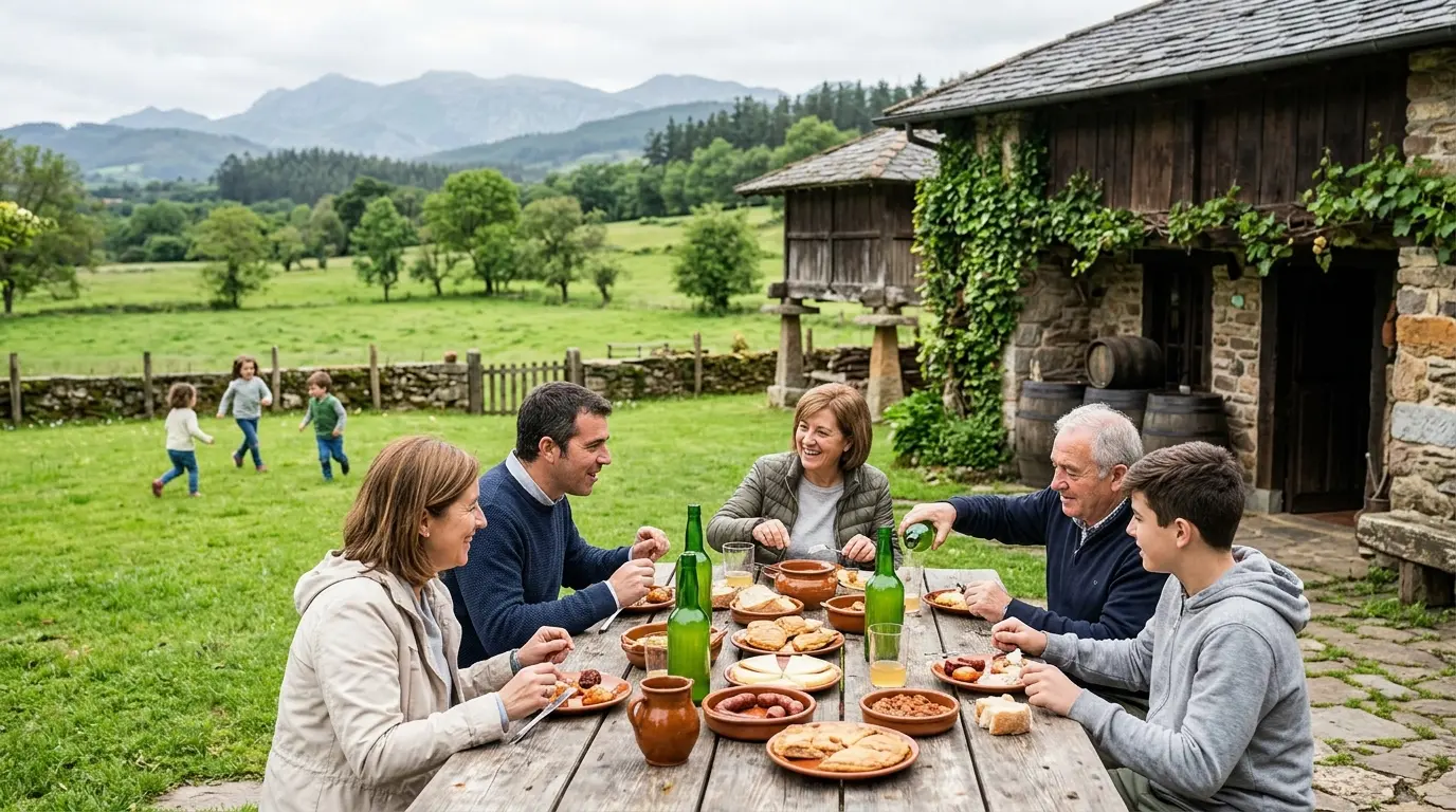 Familia comiendo en la terraza de una sidrería rural asturiana