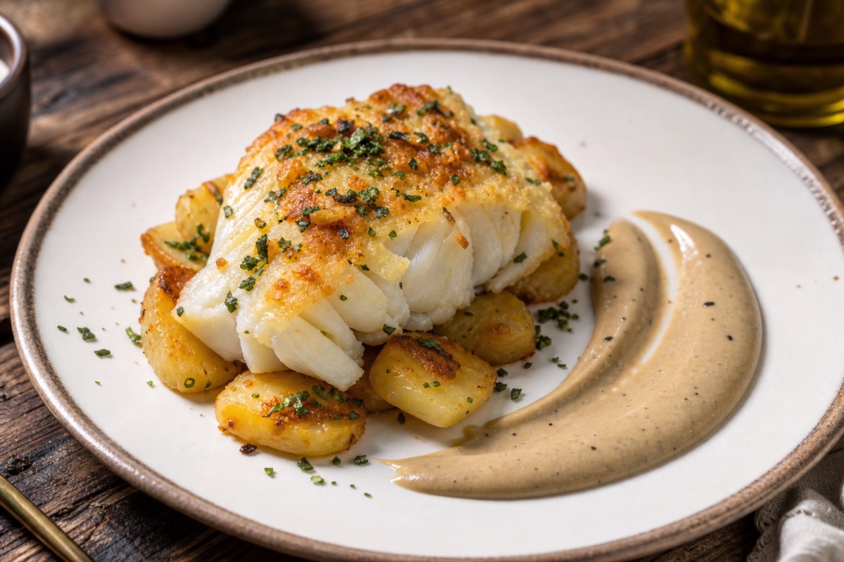 Bacalao al horno con patatas y alioli de ajo negro