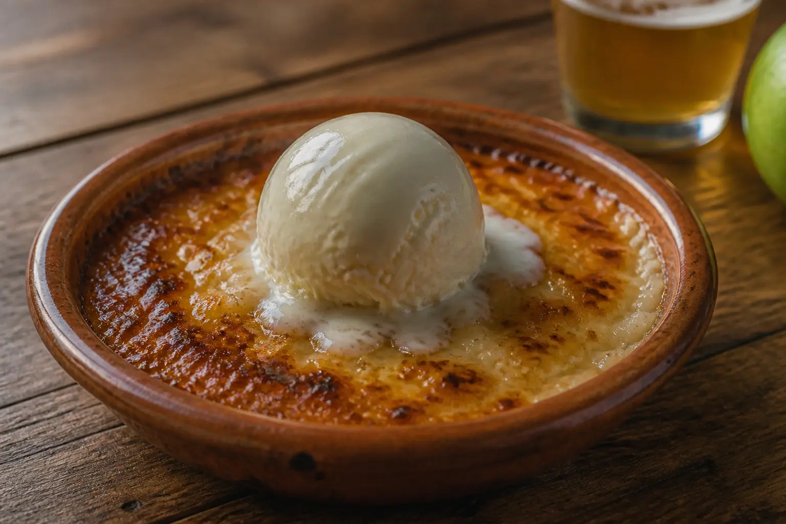 Arroz con leche caramelizado con helado de sidra