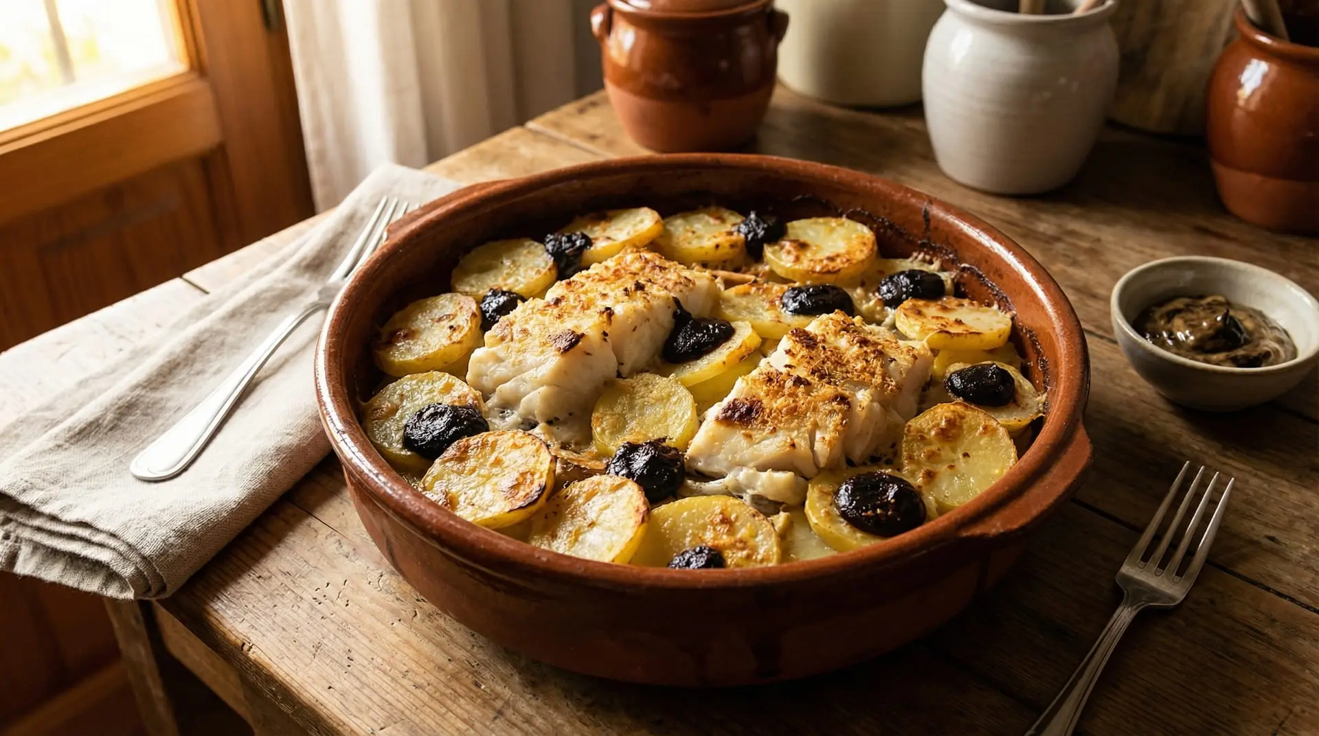 Bacalao al horno con patatas y alioli de ajo negro