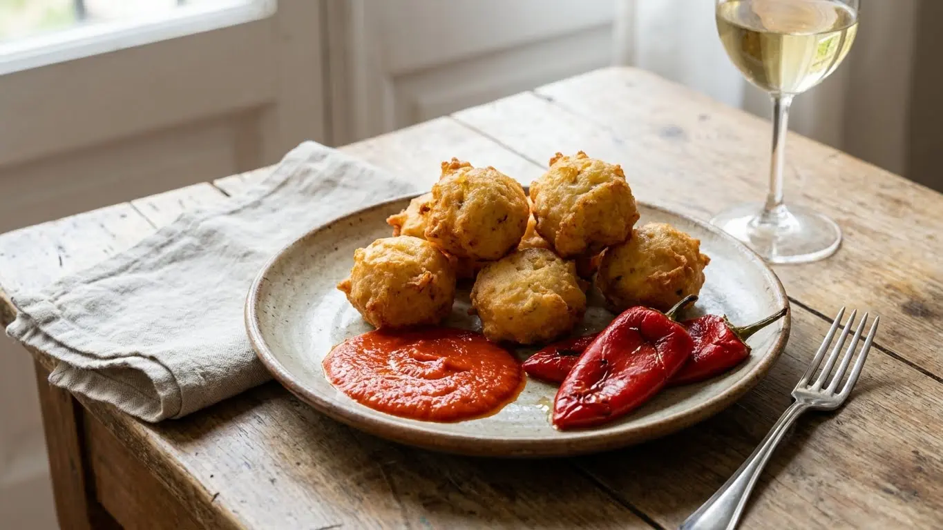 Buñuelos de bacalao con salsa de pimientos del piquillo y miel