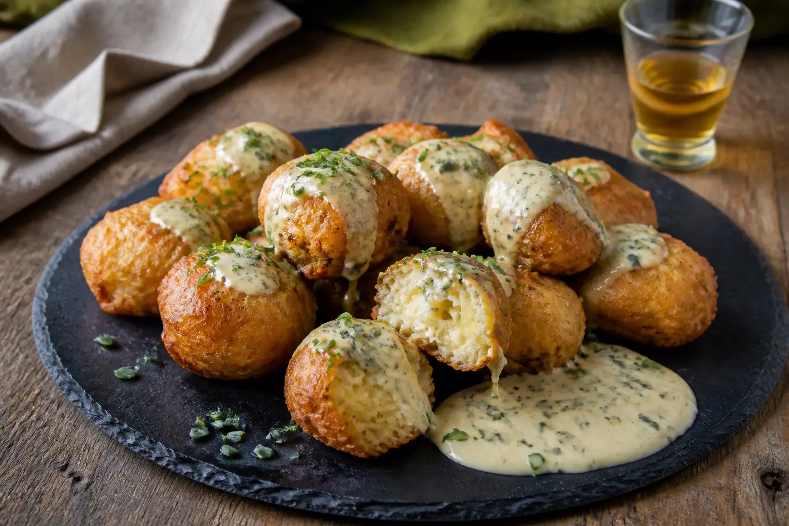 Buñuelos de bacalao con salsa de queso Cabrales