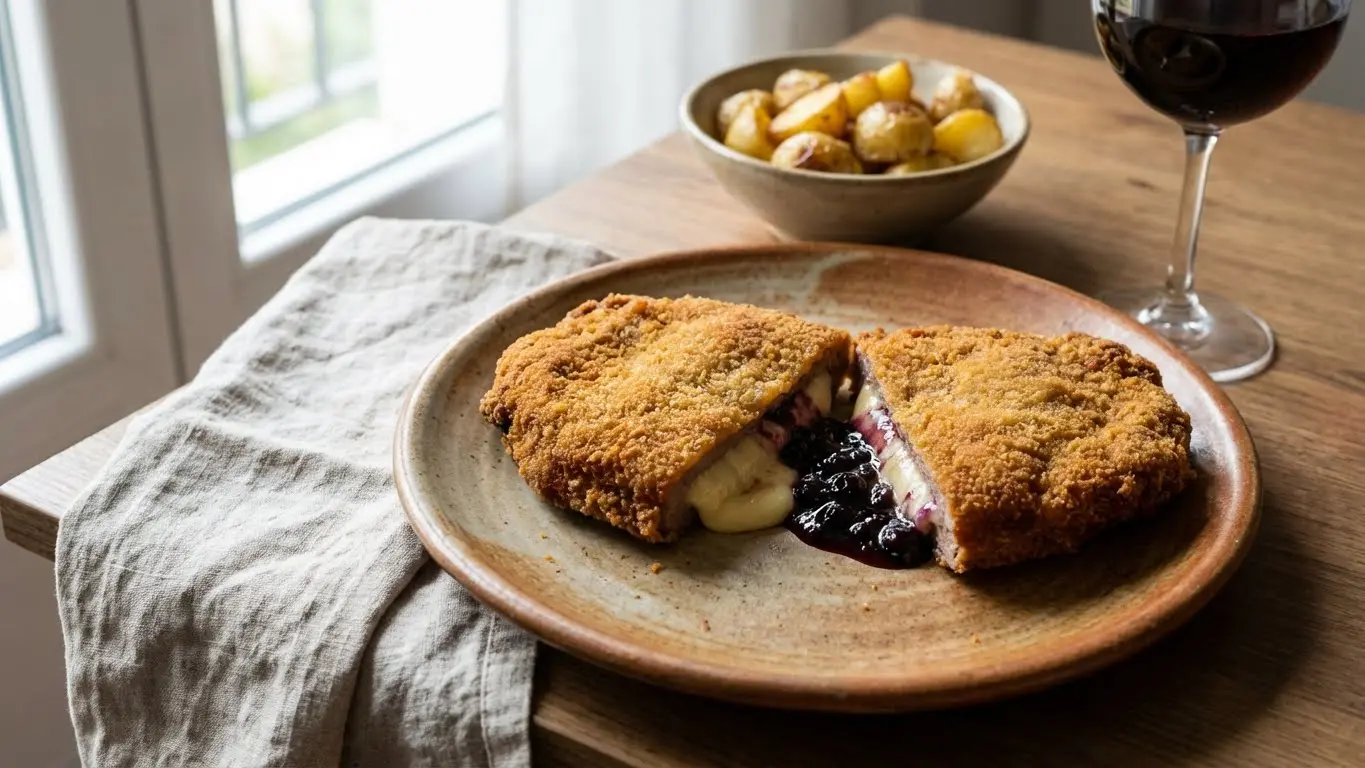 Cachopo de ternera con queso brie y mermelada de arándanos