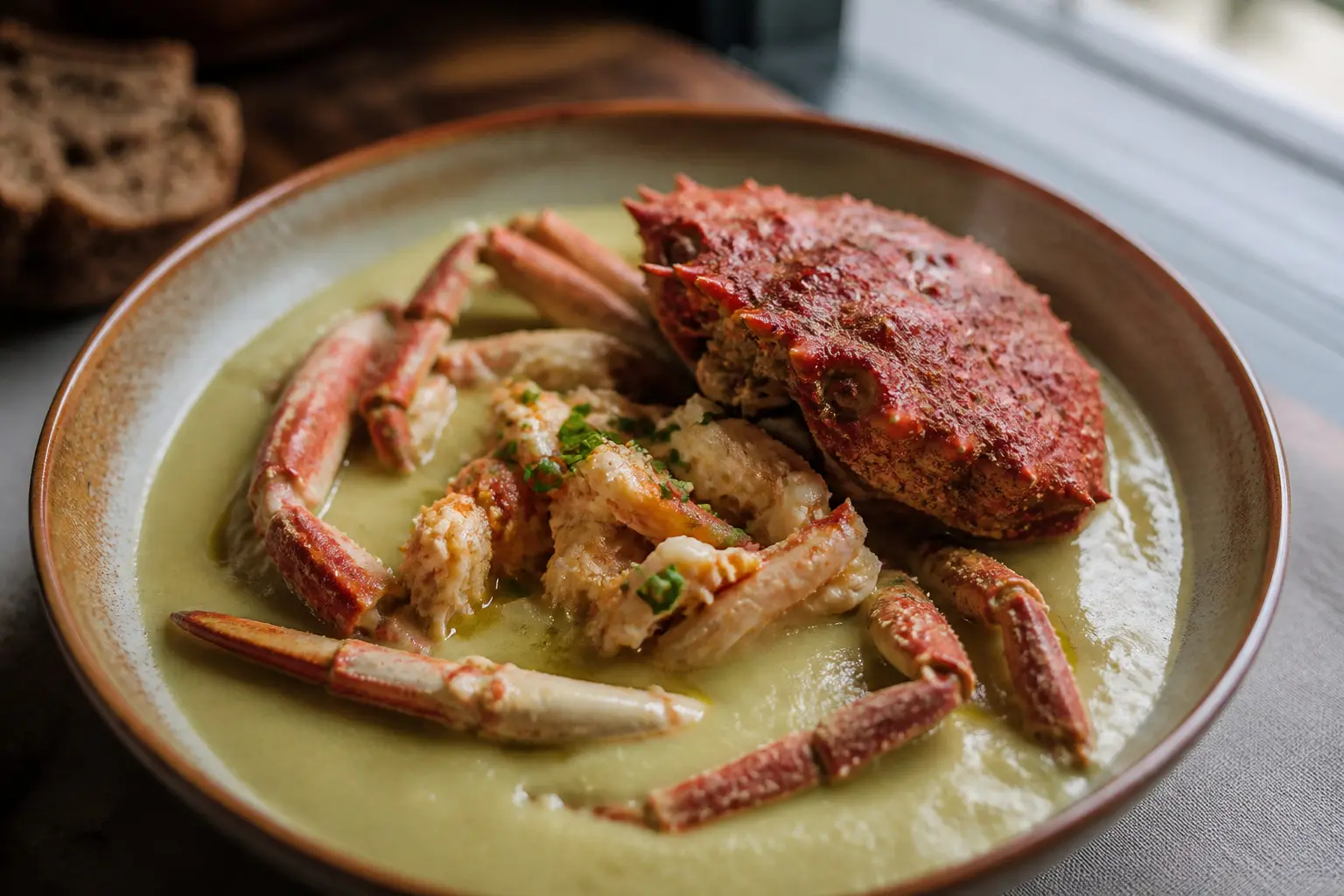 Centollo sobre crema de puerros