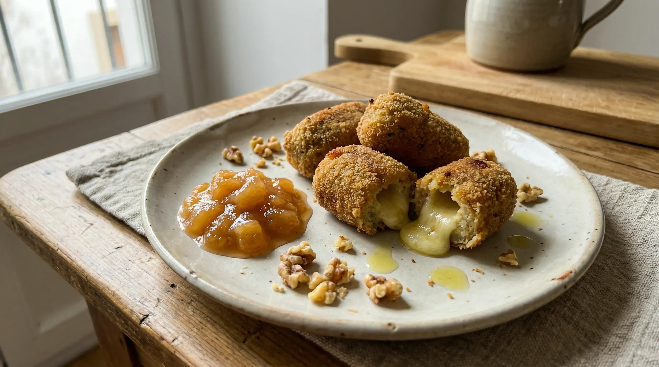 Croquetas de Cabrales con compota de manzana y nueces