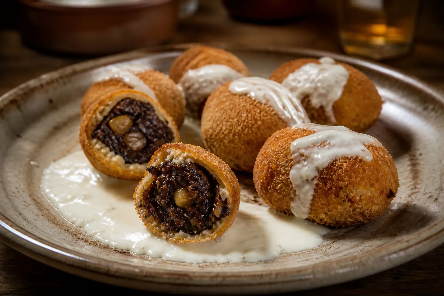 Croquetas de morcilla y manzana con salsa de queso de cabra