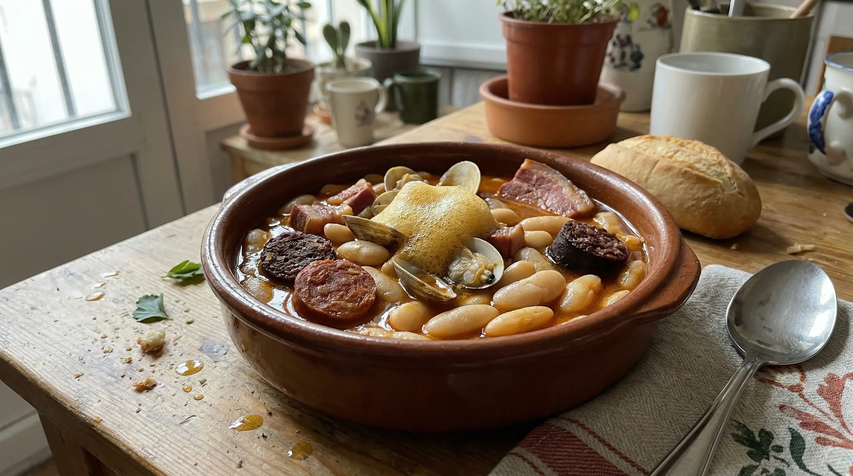 Fabada asturiana con almejas y espuma de azafrán