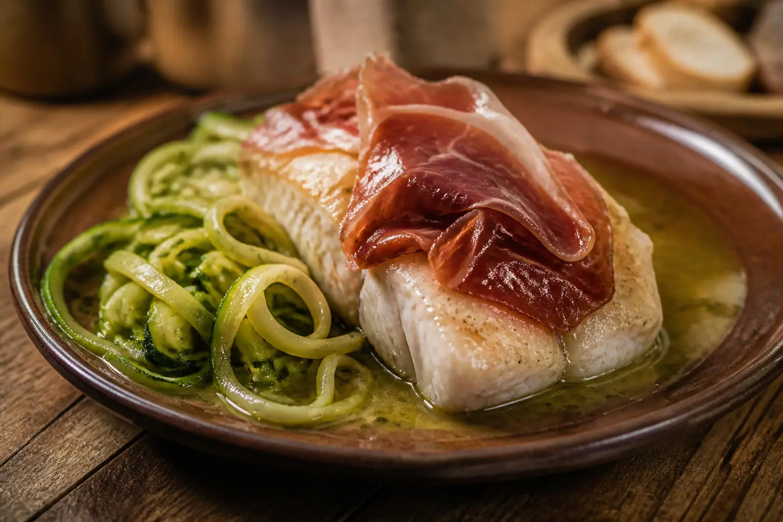 Merluza con jamón y tallarines de calabacín