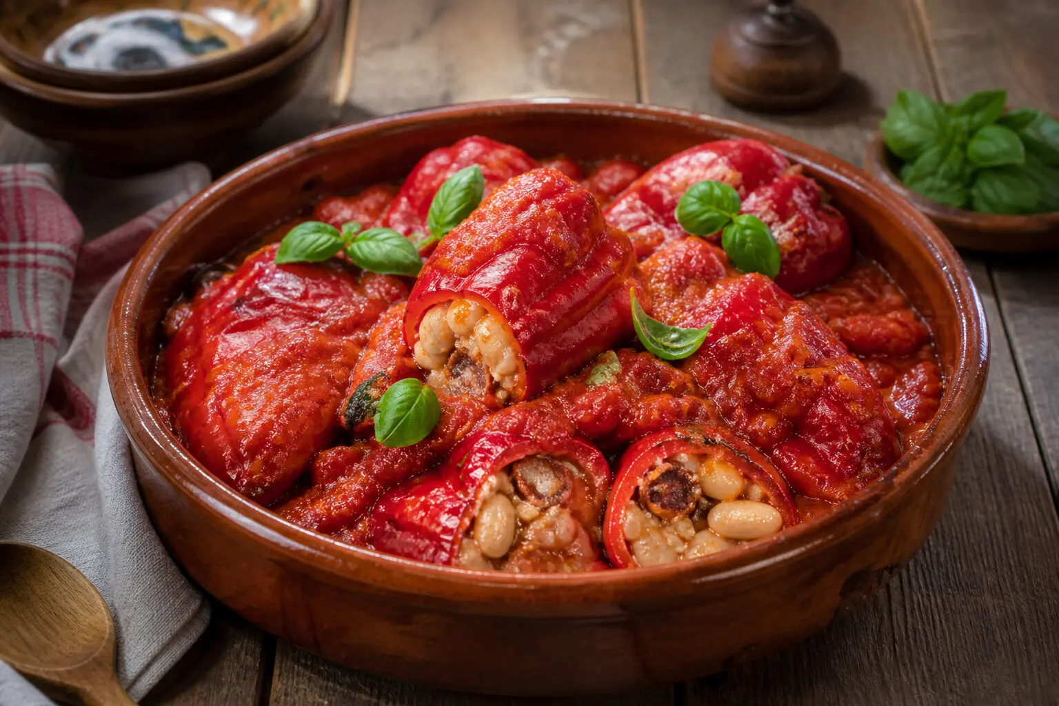 Pimientos rellenos de fabada con salsa de tomate casera