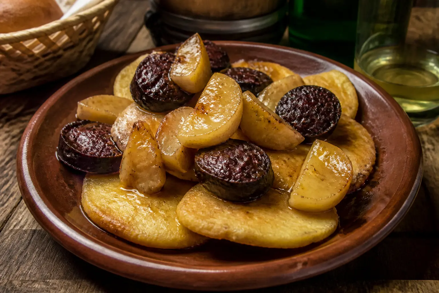 Tortos de maíz con morcilla y manzana caramelizada